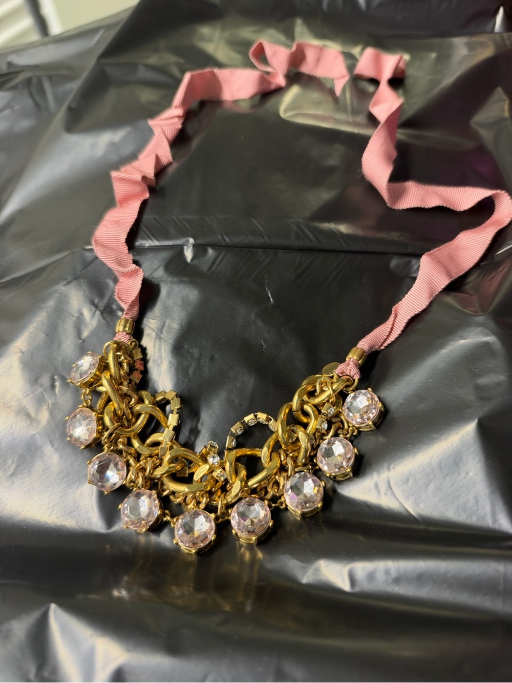 Talbots Pink Ribbon Gold-Tone Crystal Chain Necklace